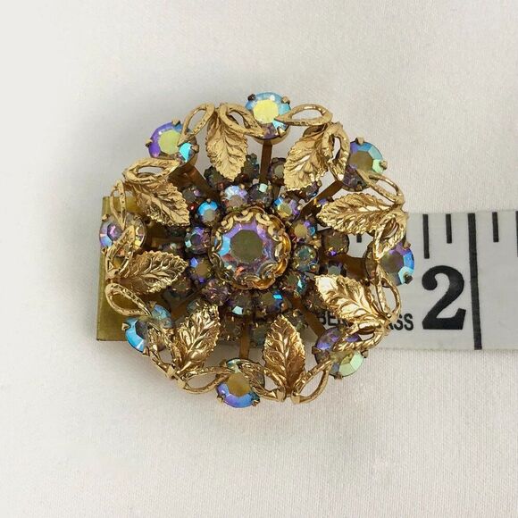 Vintage Aurora Borealis Rhinestone Brooch Pin Layered Flower with Leaves MCM - Picture 4 of 4